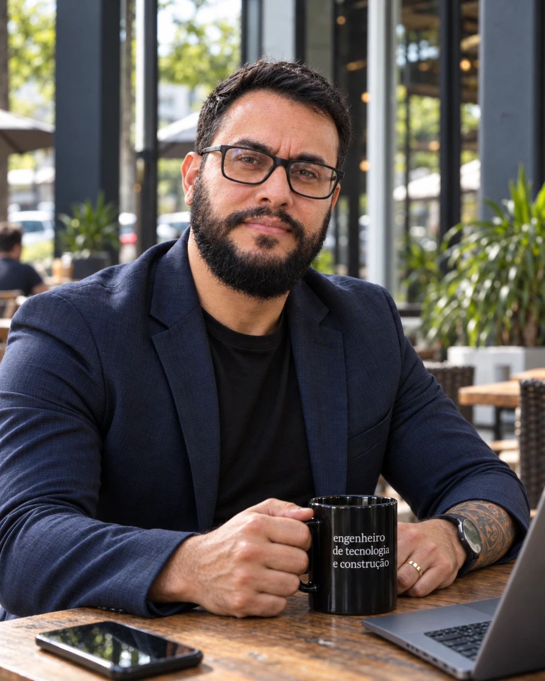 Retrato de Bruno Goebel em um café, com notebook e caneca
